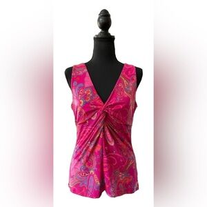 American Living: Pink Floral Sleeveless V Neck Scrunch Front Blouse